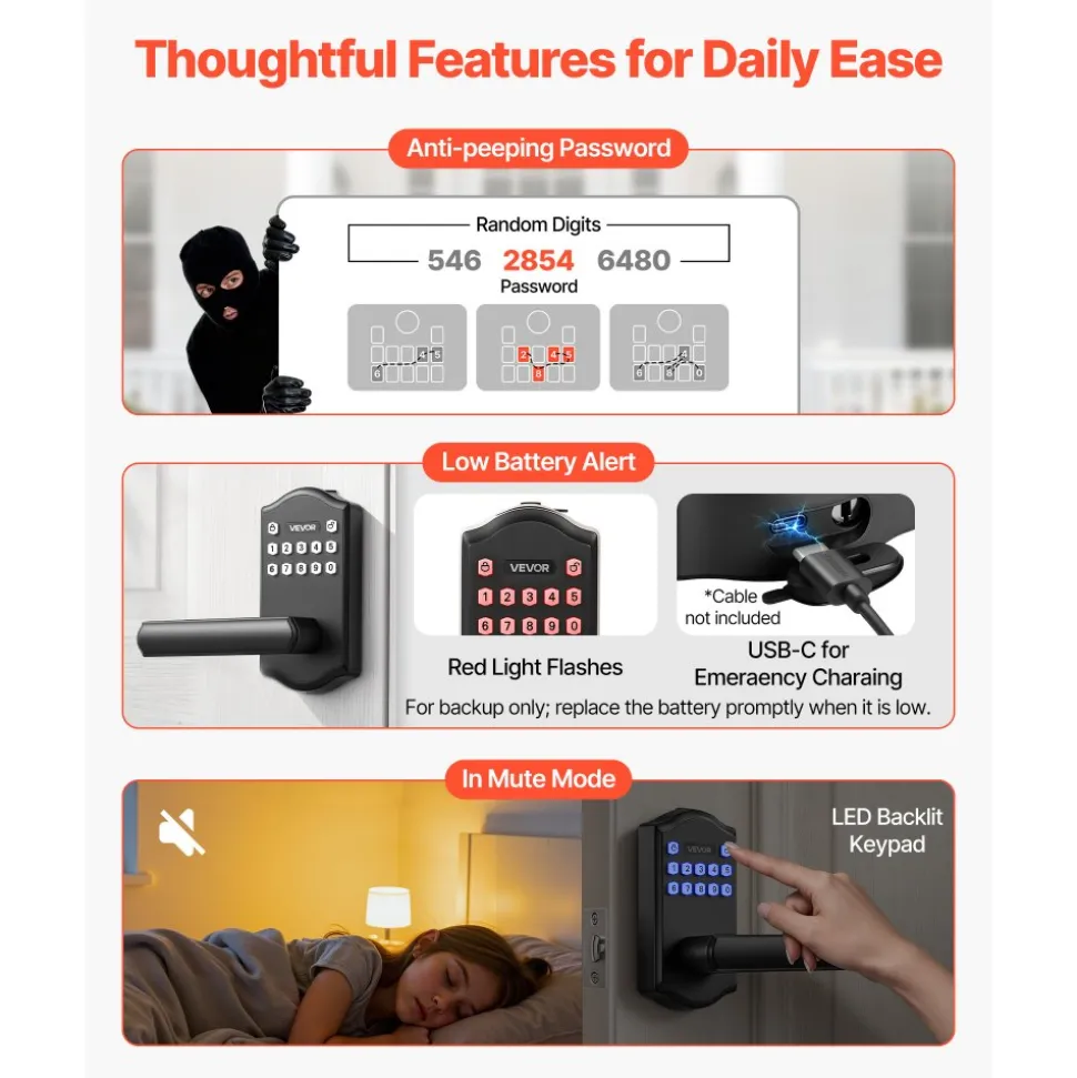 VEVOR Keyless Entry Door Lock with Handle, Electronic Lever Door Handle with Keypad, Customizable User Codes, Keyed Entry, Auto Lock, Anti-Peeking Password, Backlit Keypad, for Home, Matte Black