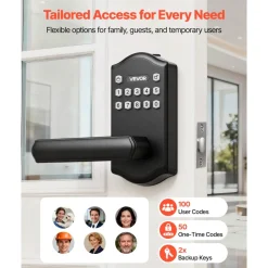 VEVOR Keyless Entry Door Lock with Handle, Electronic Lever Door Handle with Keypad, Customizable User Codes, Keyed Entry, Auto Lock, Anti-Peeking Password, Backlit Keypad, for Home, Matte Black