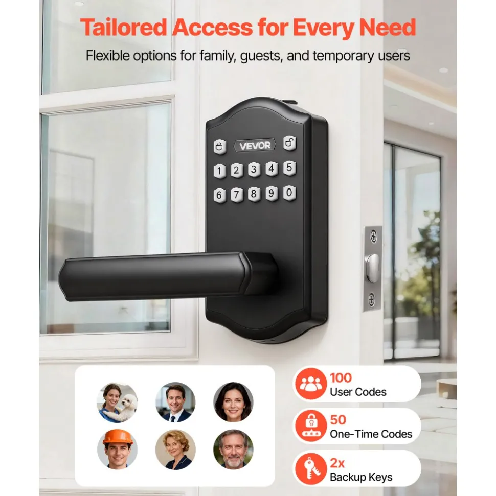 VEVOR Keyless Entry Door Lock with Handle, Electronic Lever Door Handle with Keypad, Customizable User Codes, Keyed Entry, Auto Lock, Anti-Peeking Password, Backlit Keypad, for Home, Matte Black