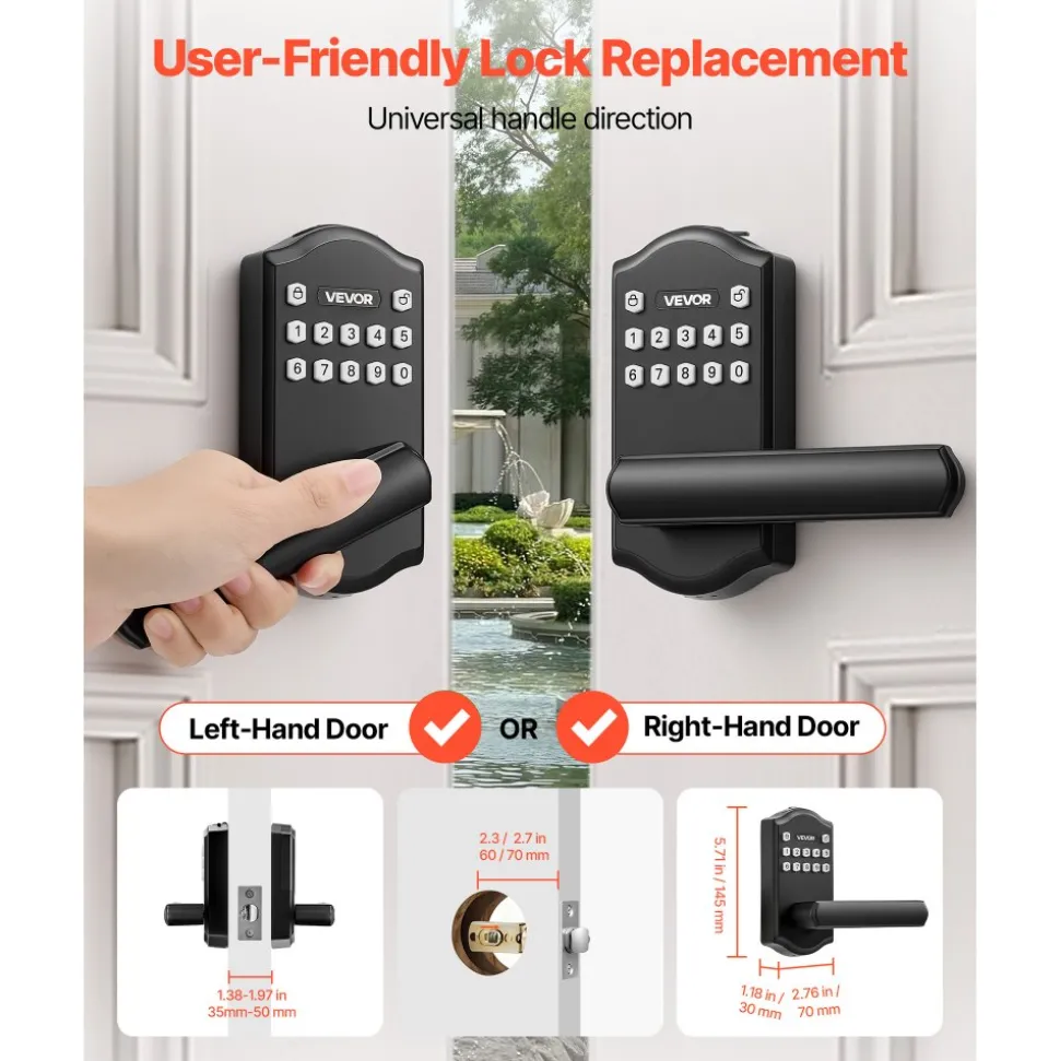 VEVOR Keyless Entry Door Lock with Handle, Electronic Lever Door Handle with Keypad, Customizable User Codes, Keyed Entry, Auto Lock, Anti-Peeking Password, Backlit Keypad, for Home, Matte Black