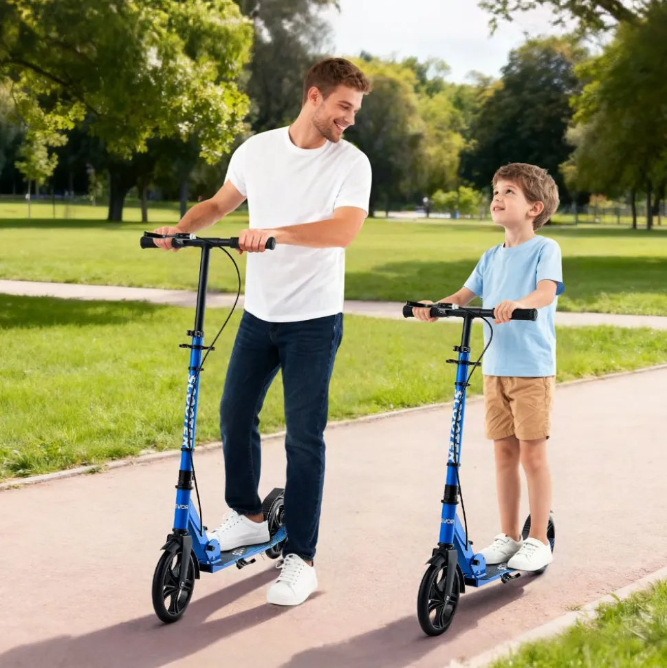 VEVOR Kick Scooter for Kids Ages 8+, Teens & Adults, 2-Wheel Toddler Scooter with Height Adjustable Handlebar, Wide Anti-Slip Deck, Foldable Lightweight for Boys & Girls up to 220 lbs, Black + Blue