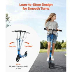 VEVOR Kick Scooter for Kids Ages 8+, Teens & Adults, 2-Wheel Toddler Scooter with Height Adjustable Handlebar, Wide Anti-Slip Deck, Foldable Lightweight for Boys & Girls up to 220 lbs, Black + Blue