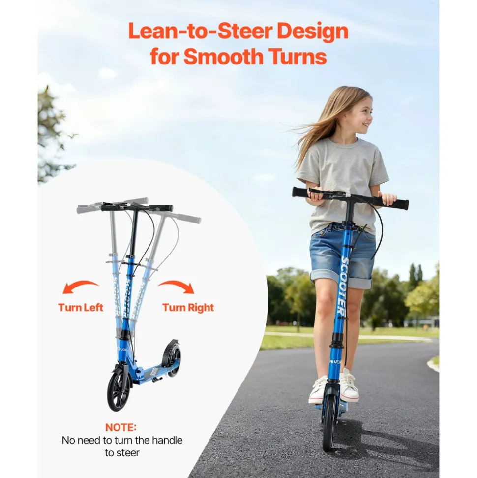 VEVOR Kick Scooter for Kids Ages 8+, Teens & Adults, 2-Wheel Toddler Scooter with Height Adjustable Handlebar, Wide Anti-Slip Deck, Foldable Lightweight for Boys & Girls up to 220 lbs, Black + Blue
