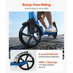 VEVOR Kick Scooter for Kids Ages 8+, Teens & Adults, 2-Wheel Toddler Scooter with Height Adjustable Handlebar, Wide Anti-Slip Deck, Foldable Lightweight for Boys & Girls up to 220 lbs, Black + Blue