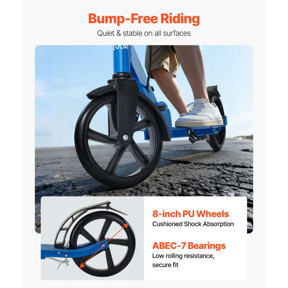 VEVOR Kick Scooter for Kids Ages 8+, Teens & Adults, 2-Wheel Toddler Scooter with Height Adjustable Handlebar, Wide Anti-Slip Deck, Foldable Lightweight for Boys & Girls up to 220 lbs, Black + Blue