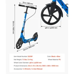 VEVOR Kick Scooter for Kids Ages 8+, Teens & Adults, 2-Wheel Toddler Scooter with Height Adjustable Handlebar, Wide Anti-Slip Deck, Foldable Lightweight for Boys & Girls up to 220 lbs, Black + Blue