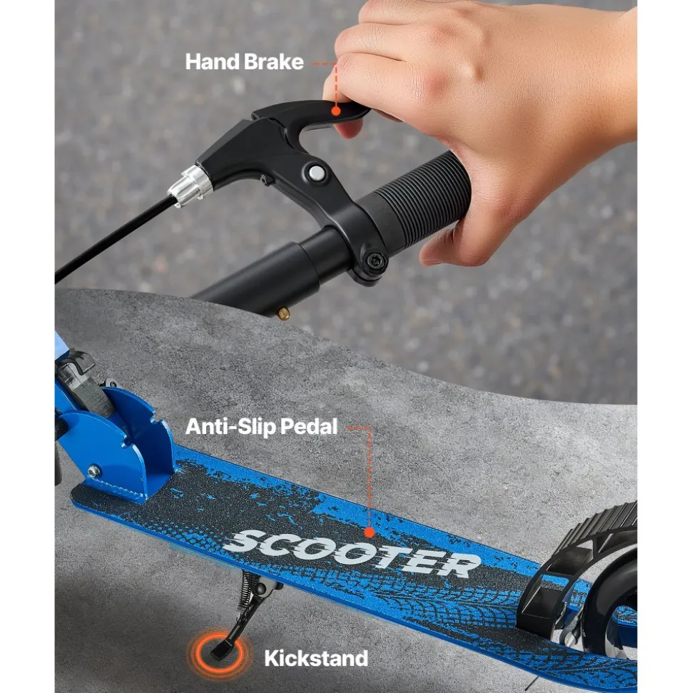 VEVOR Kick Scooter for Kids Ages 8+, Teens & Adults, 2-Wheel Toddler Scooter with Height Adjustable Handlebar, Wide Anti-Slip Deck, Foldable Lightweight for Boys & Girls up to 220 lbs, Black + Blue
