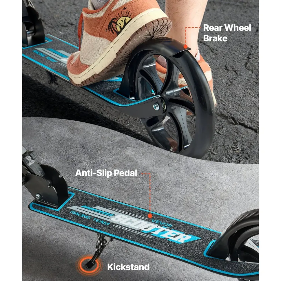 VEVOR Kick Scooter for Kids Ages 8+, Teens & Adults, 2-Wheel Toddler Scooter with Adjustable Height Handlebar, Wide Anti-Slip Deck, Foldable Lightweight for Boys & Girls up to 220 lbs, Black + Blue