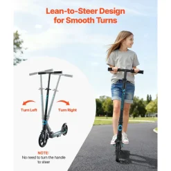 VEVOR Kick Scooter for Kids Ages 8+, Teens & Adults, 2-Wheel Toddler Scooter with Adjustable Height Handlebar, Wide Anti-Slip Deck, Foldable Lightweight for Boys & Girls up to 220 lbs, Black + Blue