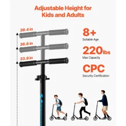 VEVOR Kick Scooter for Kids Ages 8+, Teens & Adults, 2-Wheel Toddler Scooter with Adjustable Height Handlebar, Wide Anti-Slip Deck, Foldable Lightweight for Boys & Girls up to 220 lbs, Black + Blue