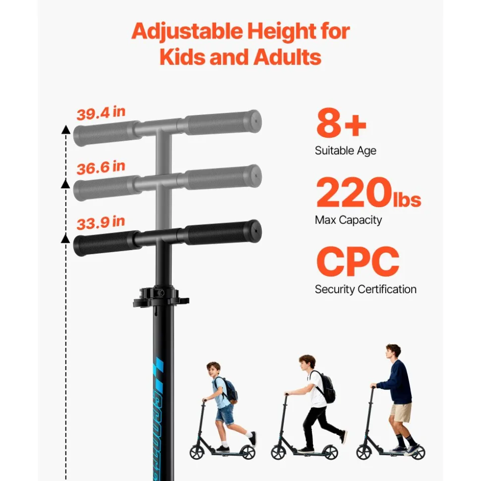 VEVOR Kick Scooter for Kids Ages 8+, Teens & Adults, 2-Wheel Toddler Scooter with Adjustable Height Handlebar, Wide Anti-Slip Deck, Foldable Lightweight for Boys & Girls up to 220 lbs, Black + Blue