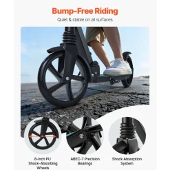 VEVOR Kick Scooter for Kids Ages 8+, Teens & Adults, 2-Wheel Toddler Scooter with Adjustable Height Handlebar, Wide Anti-Slip Deck, Foldable Lightweight for Boys & Girls up to 220 lbs, Black + Blue