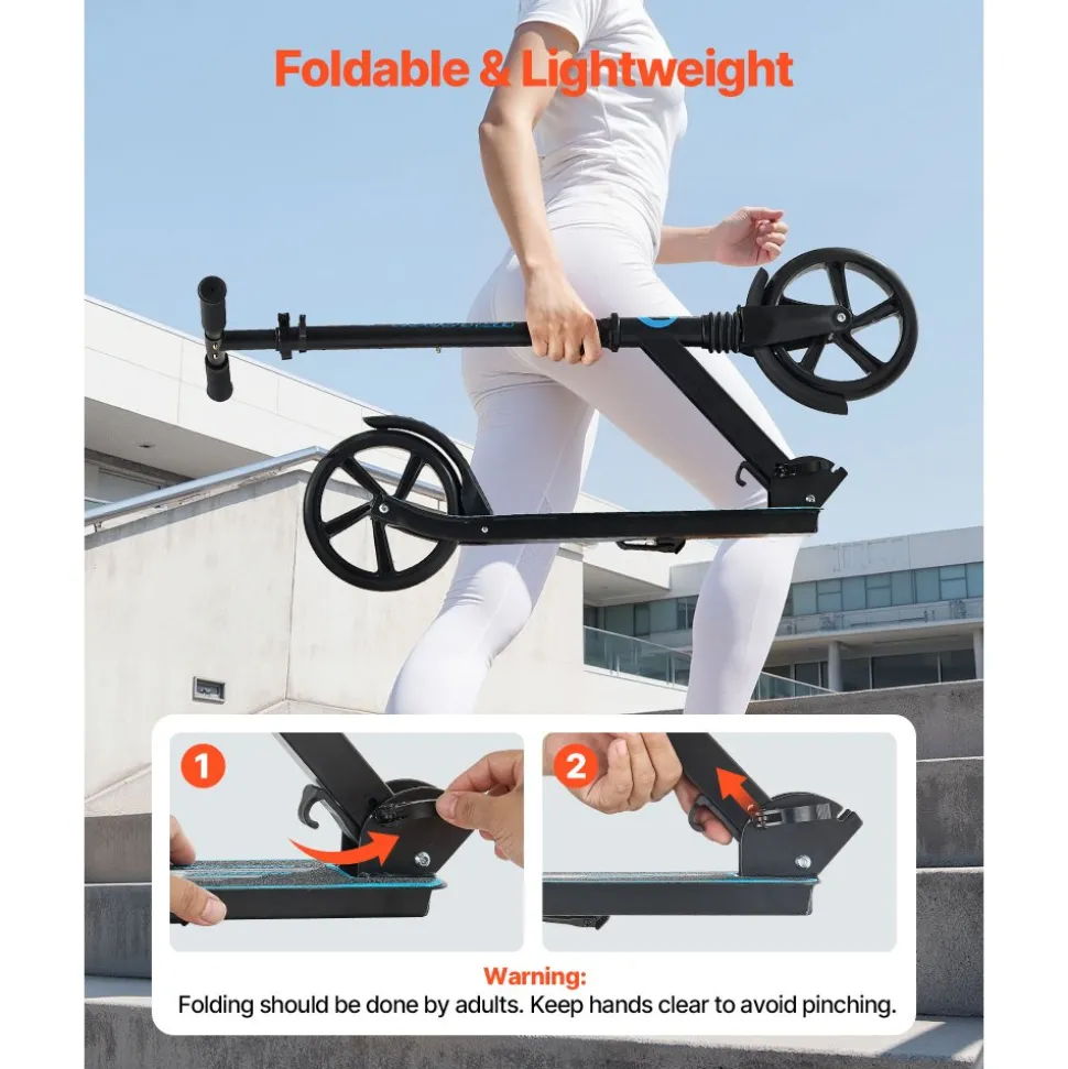 VEVOR Kick Scooter for Kids Ages 8+, Teens & Adults, 2-Wheel Toddler Scooter with Adjustable Height Handlebar, Wide Anti-Slip Deck, Foldable Lightweight for Boys & Girls up to 220 lbs, Black + Blue