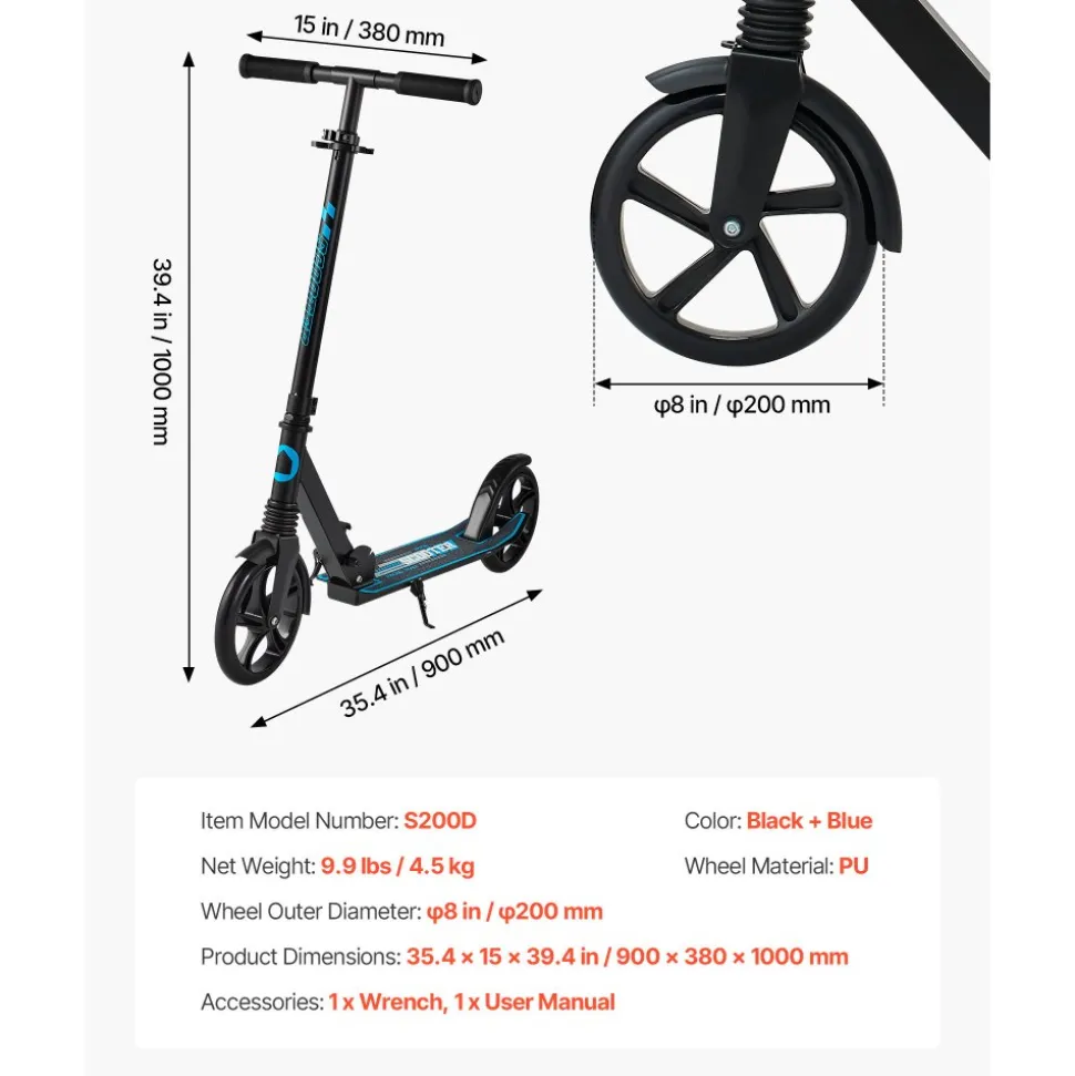 VEVOR Kick Scooter for Kids Ages 8+, Teens & Adults, 2-Wheel Toddler Scooter with Adjustable Height Handlebar, Wide Anti-Slip Deck, Foldable Lightweight for Boys & Girls up to 220 lbs, Black + Blue