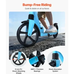 VEVOR Kick Scooter for Kids Ages 8+, Teens & Adults, 2-Wheel Toddler Scooter with Adjustable Height Handlebar, Wide Anti-Slip Deck, Foldable Lightweight for Boys & Girls up to 220 lbs, Black + Purple