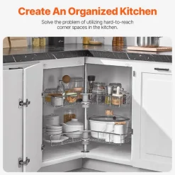 VEVOR 28" Kidney Shaped Chrome Corner Organizer, 360° Rotatble Kitchen Base Cabinet Blind Corner, 2 Tier Height Adjustable Storage Rack, Carbon Steel Lazy Susan Replacement Shelf for Cabinet Corner