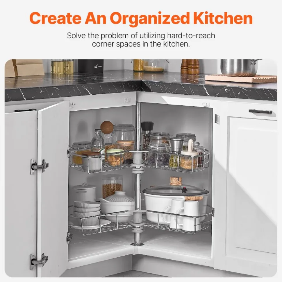 VEVOR 28" Kidney Shaped Chrome Corner Organizer, 360° Rotatble Kitchen Base Cabinet Blind Corner, 2 Tier Height Adjustable Storage Rack, Carbon Steel Lazy Susan Replacement Shelf for Cabinet Corner