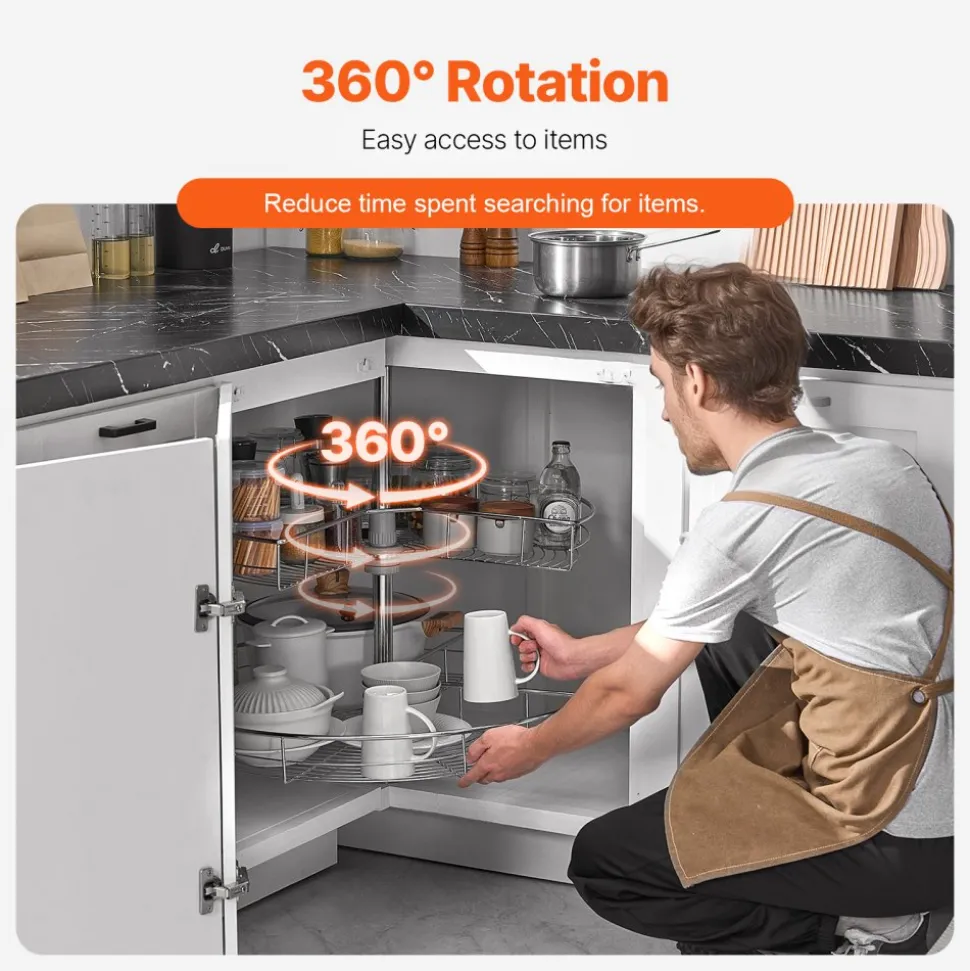 VEVOR 28" Kidney Shaped Chrome Corner Organizer, 360° Rotatble Kitchen Base Cabinet Blind Corner, 2 Tier Height Adjustable Storage Rack, Carbon Steel Lazy Susan Replacement Shelf for Cabinet Corner