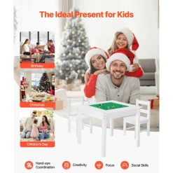 VEVOR Kids Activity Table and 2 Chairs Set, Building Blocks Double-Sided Tabletop, Toddler Table and Chair Set with Storage for Kids 3+ Years, Large Storage Space, Present for Boys & Girls, White