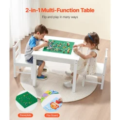 VEVOR Kids Activity Table and 2 Chairs Set, Building Blocks Double-Sided Tabletop, Toddler Table and Chair Set with Storage for Kids 3+ Years, Large Storage Space, Present for Boys & Girls, White