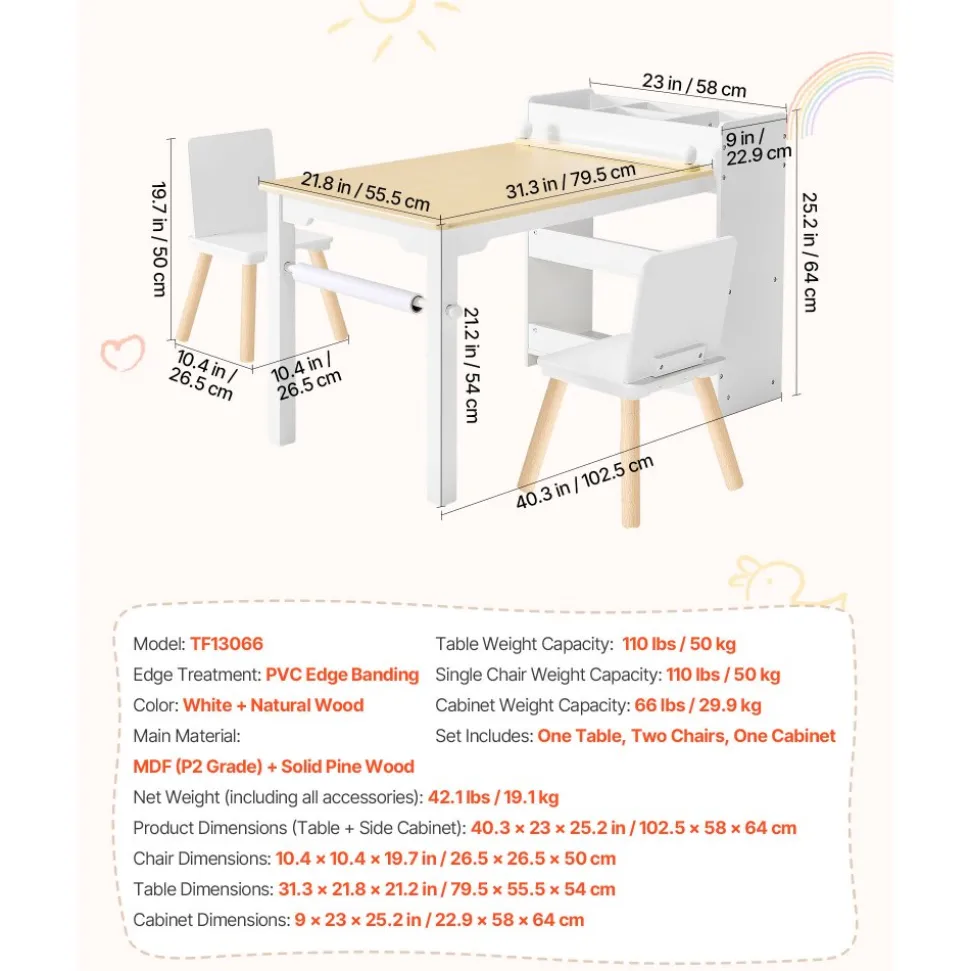 VEVOR Kids Art Table and Chair Set, Toddler Craft Table with 3 Tiers Storage Cabinet, Wooden Kids Activity Play Desk with 2 Chairs, Art Craft Play Desk for Reading, Learning, Drawing, Writing, White