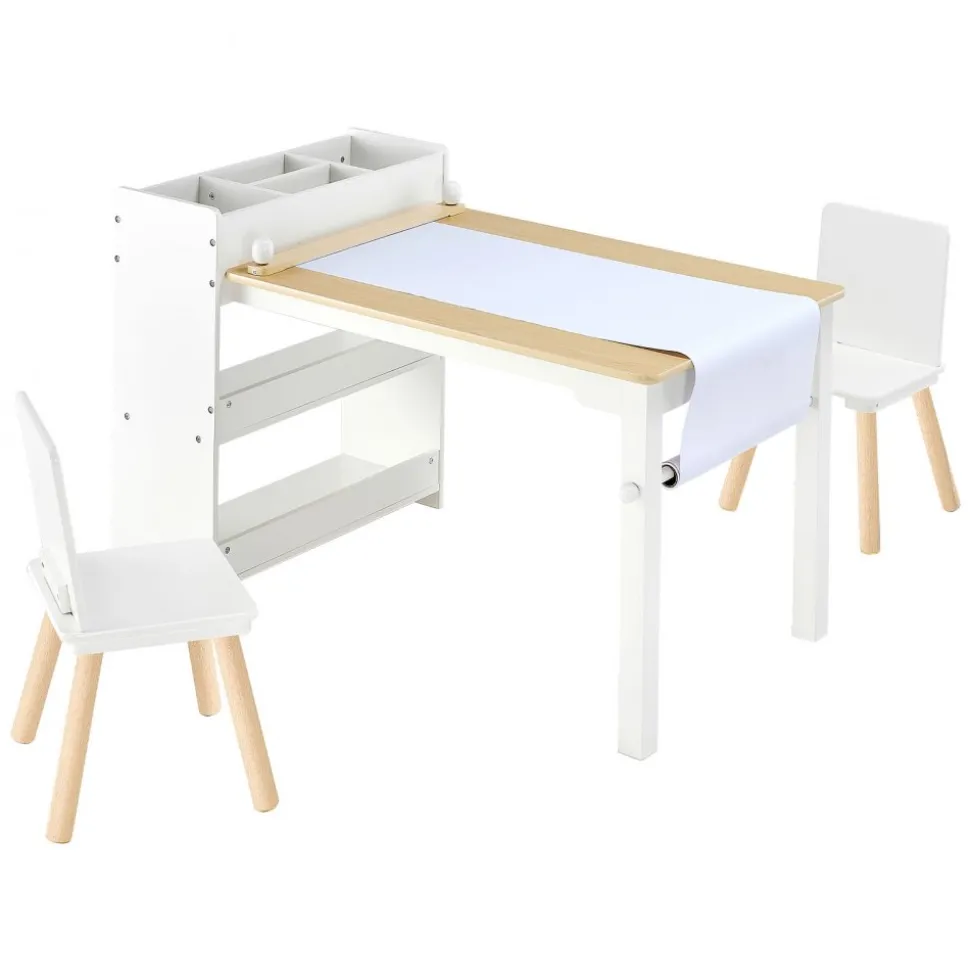 VEVOR Kids Art Table and Chair Set, Toddler Craft Table with 3 Tiers Storage Cabinet, Wooden Kids Activity Play Desk with 2 Chairs, Art Craft Play Desk for Reading, Learning, Drawing, Writing, White