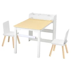 VEVOR Kids Art Table and Chair Set, Toddler Craft Table with 3 Tiers Storage Cabinet, Wooden Kids Activity Play Desk with 2 Chairs, Art Craft Play Desk for Reading, Learning, Drawing, Writing, White