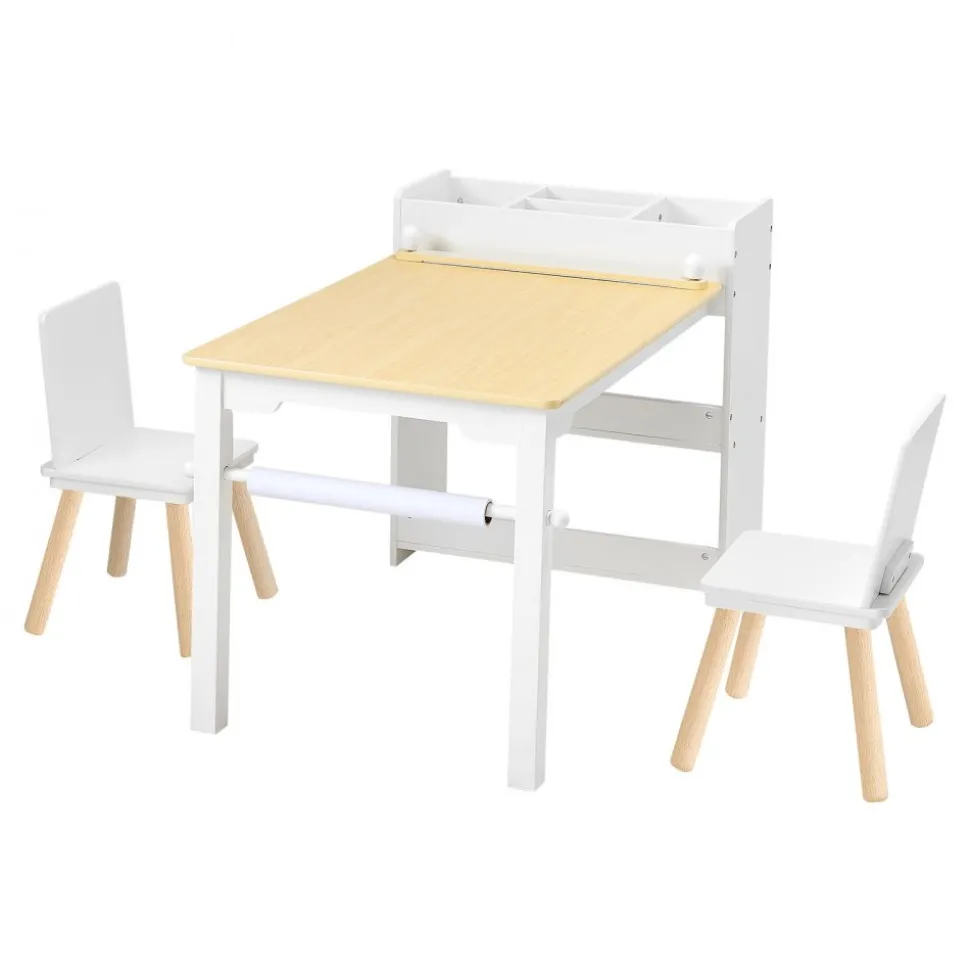 VEVOR Kids Art Table and Chair Set, Toddler Craft Table with 3 Tiers Storage Cabinet, Wooden Kids Activity Play Desk with 2 Chairs, Art Craft Play Desk for Reading, Learning, Drawing, Writing, White
