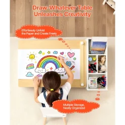 VEVOR Kids Art Table and Chair Set, Toddler Craft Table with 3 Tiers Storage Cabinet, Wooden Kids Activity Play Desk with 2 Chairs, Art Craft Play Desk for Reading, Learning, Drawing, Writing, White