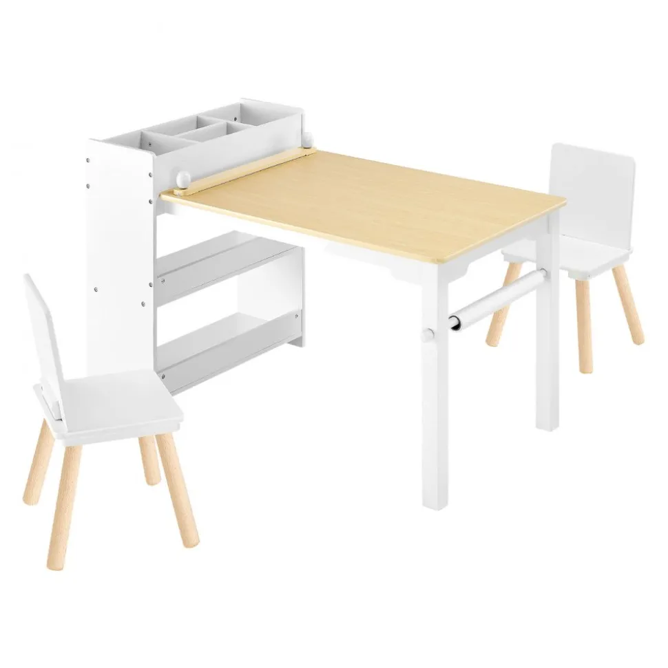 VEVOR Kids Art Table and Chair Set, Toddler Craft Table with 3 Tiers Storage Cabinet, Wooden Kids Activity Play Desk with 2 Chairs, Art Craft Play Desk for Reading, Learning, Drawing, Writing, White