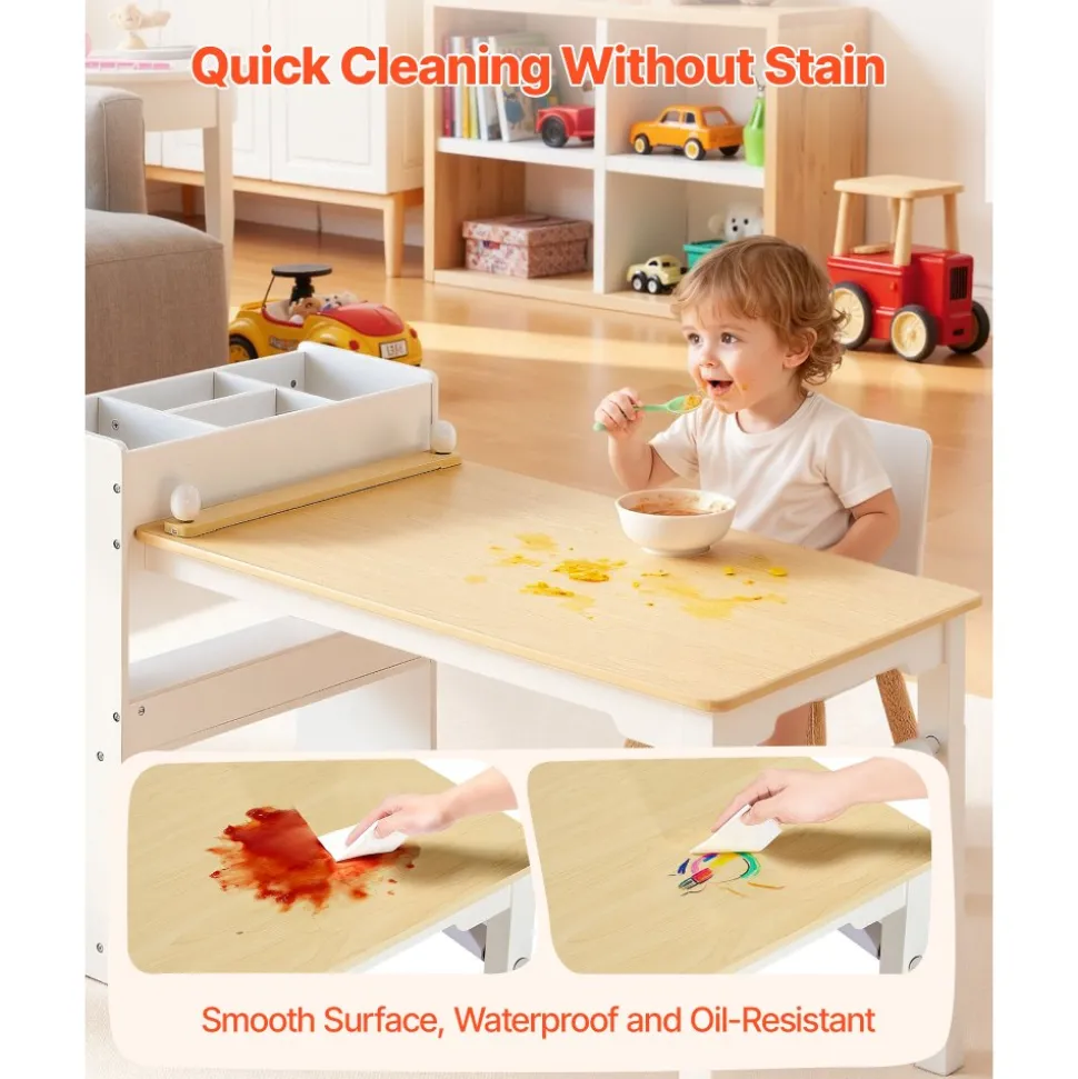 VEVOR Kids Art Table and Chair Set, Toddler Craft Table with 3 Tiers Storage Cabinet, Wooden Kids Activity Play Desk with 2 Chairs, Art Craft Play Desk for Reading, Learning, Drawing, Writing, White