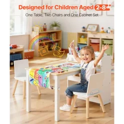 VEVOR Kids Art Table and Chair Set, Toddler Craft Table with 3 Tiers Storage Cabinet, Wooden Kids Activity Play Desk with 2 Chairs, Art Craft Play Desk for Reading, Learning, Drawing, Writing, White