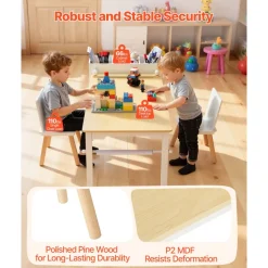 VEVOR Kids Art Table and Chair Set, Toddler Craft Table with 3 Tiers Storage Cabinet, Wooden Kids Activity Play Desk with 2 Chairs, Art Craft Play Desk for Reading, Learning, Drawing, Writing, White