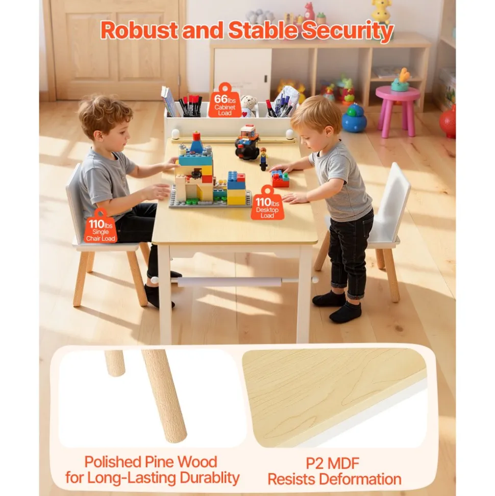 VEVOR Kids Art Table and Chair Set, Toddler Craft Table with 3 Tiers Storage Cabinet, Wooden Kids Activity Play Desk with 2 Chairs, Art Craft Play Desk for Reading, Learning, Drawing, Writing, White
