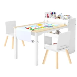 VEVOR Kids Art Table and Chair Set, Toddler Craft Table with 3 Tiers Storage Cabinet, Wooden Kids Activity Play Desk with 2 Chairs, Art Craft Play Desk for Reading, Learning, Drawing, Writing, White