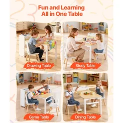 VEVOR Kids Art Table and Chair Set, Toddler Craft Table with 3 Tiers Storage Cabinet, Wooden Kids Activity Play Desk with 2 Chairs, Art Craft Play Desk for Reading, Learning, Drawing, Writing, White