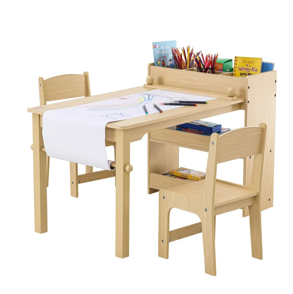 VEVOR Kids Art Table and 2 Chairs, 2-in-1 Toddler Craft and Play Activity Table, Wood Toddler Table and Chair Set with A Cabinet for Art, Craft, Reading, Learning