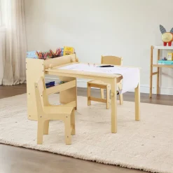 VEVOR Kids Art Table and 2 Chairs, 2-in-1 Toddler Craft and Play Activity Table, Wood Toddler Table and Chair Set with A Cabinet for Art, Craft, Reading, Learning