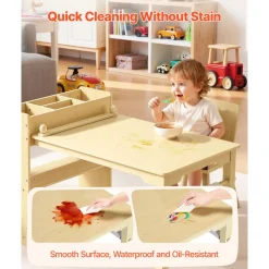 VEVOR Kids Art Table and Chair Set, Toddler Craft Table with 3 Tiers Storage Cabinet, Wooden Kids Activity Play Desk with 2 Chairs, Craft Play Desk for Reading, Learning, Drawing, Writing, Light Wood