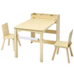 VEVOR Kids Art Table and Chair Set, Toddler Craft Table with 3 Tiers Storage Cabinet, Wooden Kids Activity Play Desk with 2 Chairs, Craft Play Desk for Reading, Learning, Drawing, Writing, Light Wood
