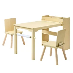 VEVOR Kids Art Table and Chair Set, Toddler Craft Table with 3 Tiers Storage Cabinet, Wooden Kids Activity Play Desk with 2 Chairs, Craft Play Desk for Reading, Learning, Drawing, Writing, Light Wood
