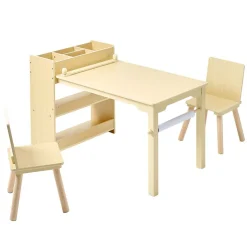 VEVOR Kids Art Table and Chair Set, Toddler Craft Table with 3 Tiers Storage Cabinet, Wooden Kids Activity Play Desk with 2 Chairs, Craft Play Desk for Reading, Learning, Drawing, Writing, Light Wood
