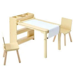 VEVOR Kids Art Table and Chair Set, Toddler Craft Table with 3 Tiers Storage Cabinet, Wooden Kids Activity Play Desk with 2 Chairs, Craft Play Desk for Reading, Learning, Drawing, Writing, Light Wood