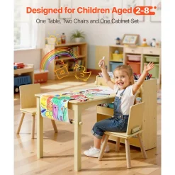 VEVOR Kids Art Table and Chair Set, Toddler Craft Table with 3 Tiers Storage Cabinet, Wooden Kids Activity Play Desk with 2 Chairs, Craft Play Desk for Reading, Learning, Drawing, Writing, Light Wood
