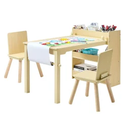 VEVOR Kids Art Table and Chair Set, Toddler Craft Table with 3 Tiers Storage Cabinet, Wooden Kids Activity Play Desk with 2 Chairs, Craft Play Desk for Reading, Learning, Drawing, Writing, Light Wood