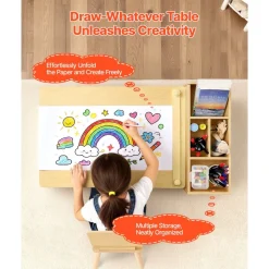 VEVOR Kids Art Table and Chair Set, Toddler Craft Table with 3 Tiers Storage Cabinet, Wooden Kids Activity Play Desk with 2 Chairs, Craft Play Desk for Reading, Learning, Drawing, Writing, Light Wood