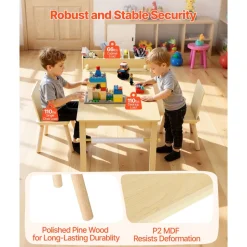 VEVOR Kids Art Table and Chair Set, Toddler Craft Table with 3 Tiers Storage Cabinet, Wooden Kids Activity Play Desk with 2 Chairs, Craft Play Desk for Reading, Learning, Drawing, Writing, Light Wood