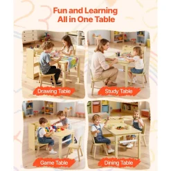 VEVOR Kids Art Table and Chair Set, Toddler Craft Table with 3 Tiers Storage Cabinet, Wooden Kids Activity Play Desk with 2 Chairs, Craft Play Desk for Reading, Learning, Drawing, Writing, Light Wood