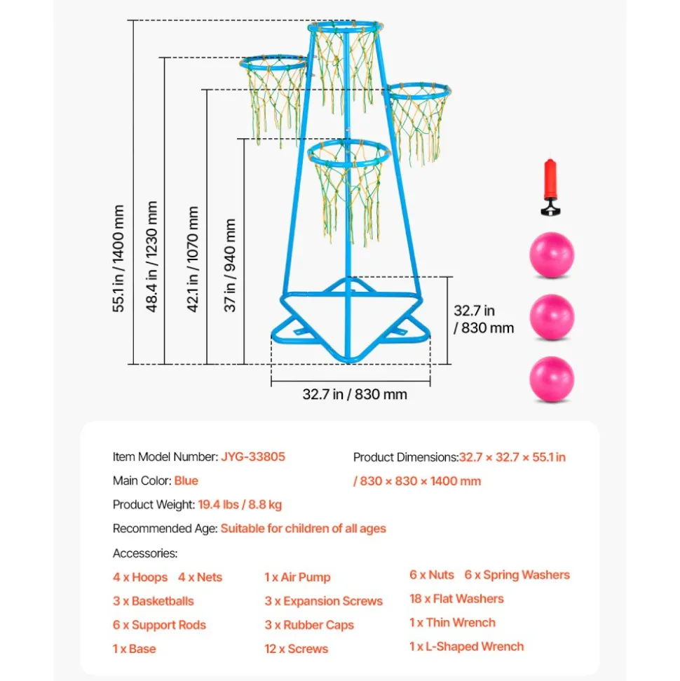 VEVOR Kids Basketball Hoop, 4-Hoop Child Basketball Hoops, Portable Basketball Stand with Adjustable Heights and 3 Balls, Indoor and Outdoor Basketball Toy Set for Children of All Ages, Boys & Girls