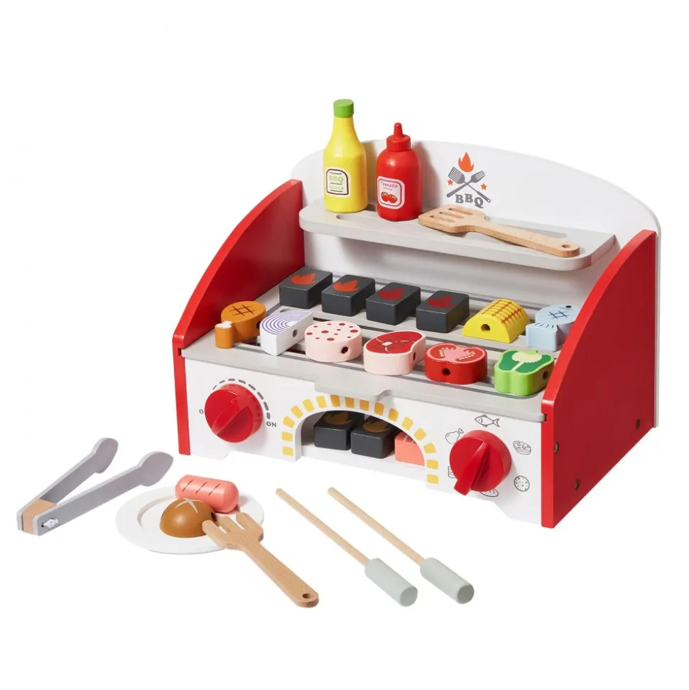 VEVOR Kids BBQ Grill Playset, Wooden Grill Playset With Realistic Carbon Fire, Wooden Play Food Kitchen Accessory (26 PCS), Indoor/Outdoor Interactive Pretend Play Toys for Boys Girls Ages 3+ Gift